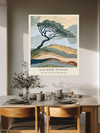 Lone windswept tree on a coastal hill art print above a dining table