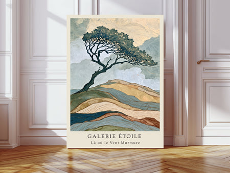 La ou le Vent Murmure windswept tree landscape print leaning against a white panelled wall