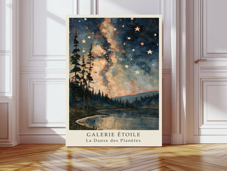 La Danse des Planetes starry night lake print with Milky Way and pine trees, leaning against a white panelled wall