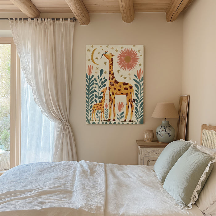 Giraffe and Baby Folk Art Nusery Print