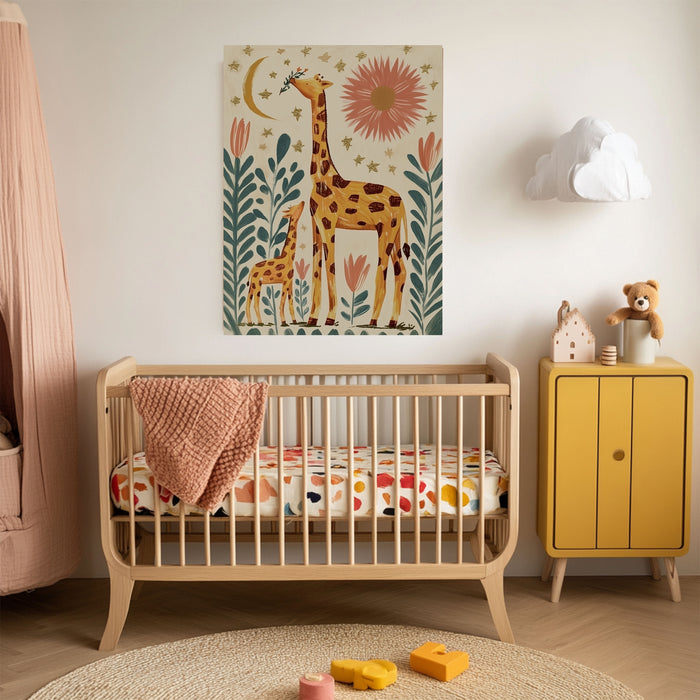 Giraffe and Baby Folk Art Nusery Print