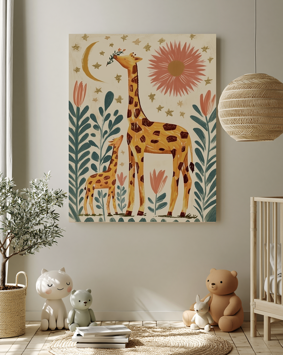 Giraffe and Baby Folk Art Nusery Print