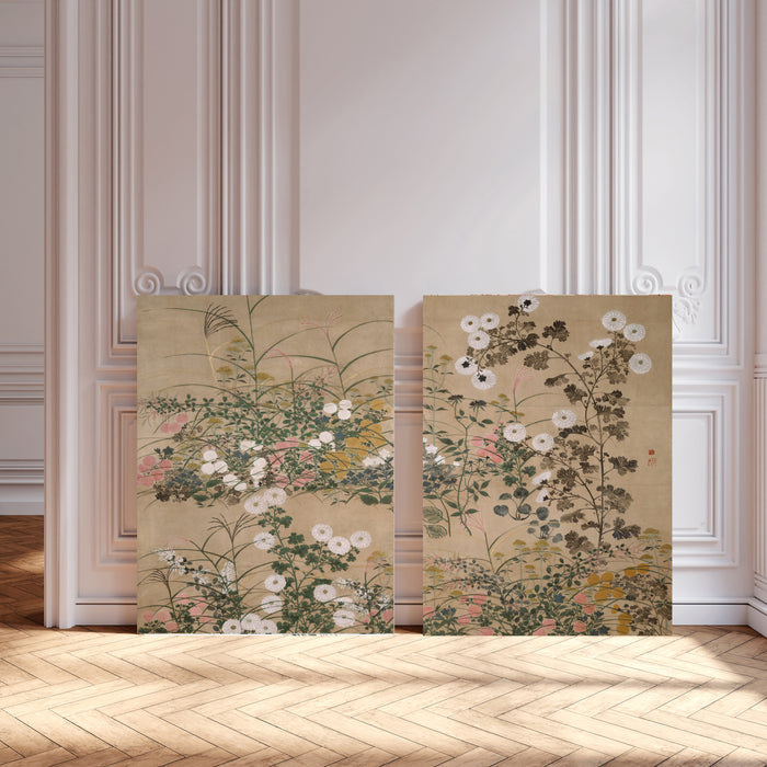 Ogata Korin Autumn Flowers Print Set of Two | Japanese Rinpa Botanical Wall Art | Chrysanthemum Gold Wall Art