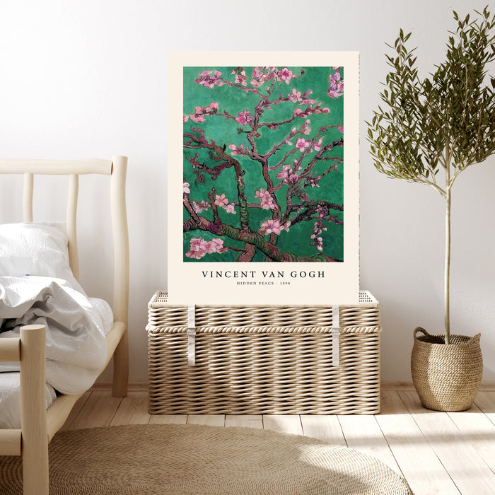 Hidden Peace emerald and pink Van Gogh almond blossom print shown in a styled room