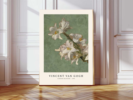 White lilies Van Gogh inspired art print in sage green, shown in a styled room setting