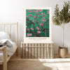 Emerald and pink almond blossom wall art print in a living space