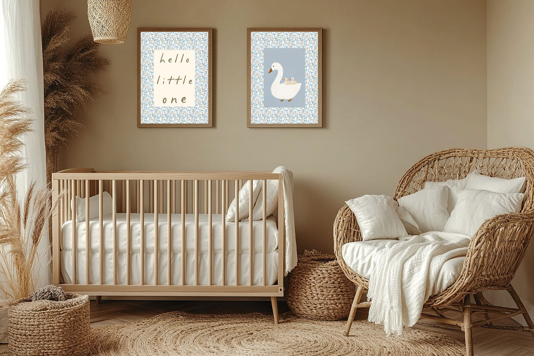 Floral Blue Cute Goose Nursery Art Print