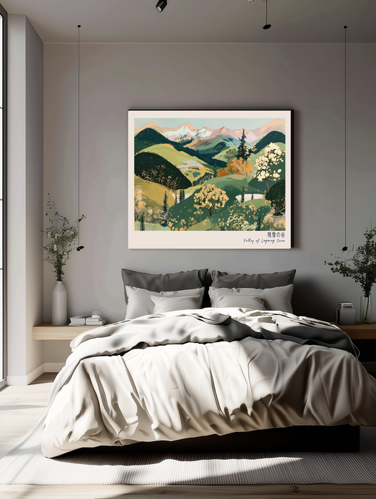Japanese Spring Mountain Landscape Print | Sage Green Blossom Valley Wall Art | Giclée Fine Art