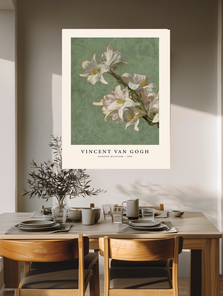 White lilies floral art print on sage green background, Van Gogh inspired, cream border, displayed above a rattan basket in a neutral bedroom