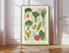 Eat Your Greens fine art print featuring hand-painted broccoli, leeks, celery and pea pods with a sage green striped border, leaning against a white panelled wall