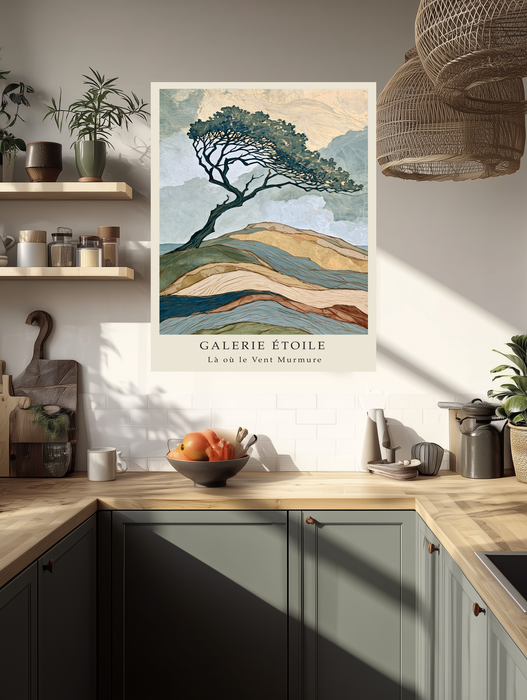 Textured layered hills and lone tree wall art in a sage green kitchen