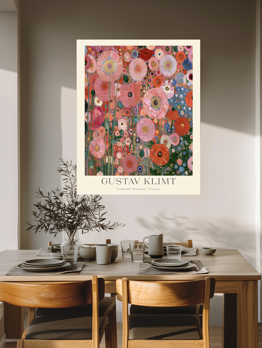 Coral and pink maximalist poppy print, Gustav Klimt inspired giclee fine art, unframed