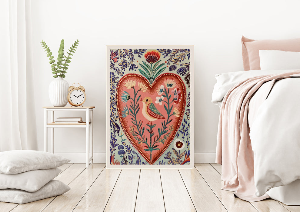 Heart Bird Folk Flower Art Print