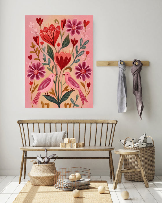 Pink Heart Flower Folk Style Art Print