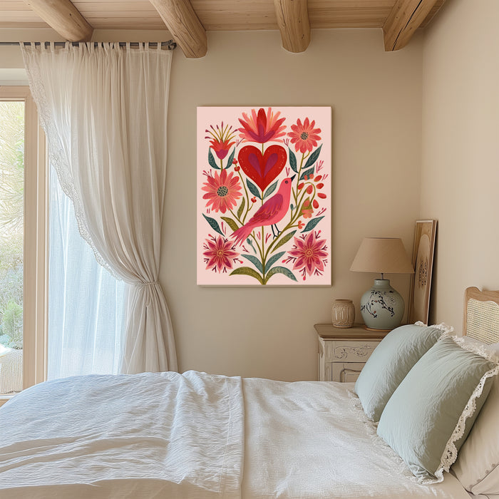 Pink Heart Flower Folk Style Art Print