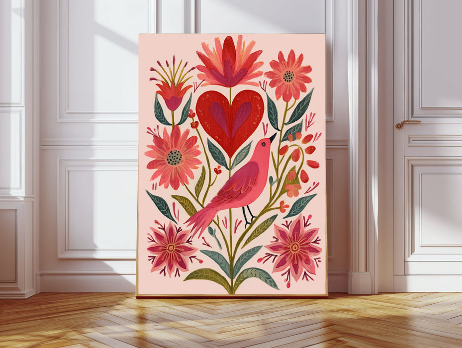 Pink Heart Flower Folk Style Art Print
