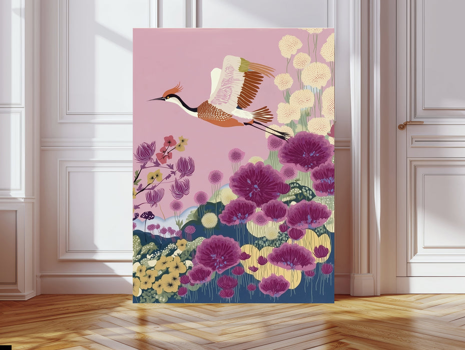 Japanese Lilac Flower Crane Bird Art Print