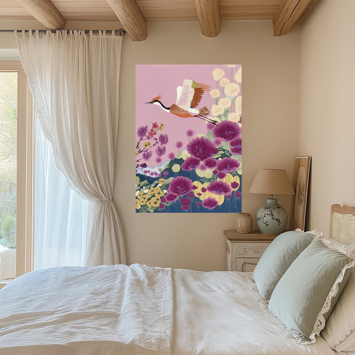 Japanese Lilac Flower Crane Bird Art Print