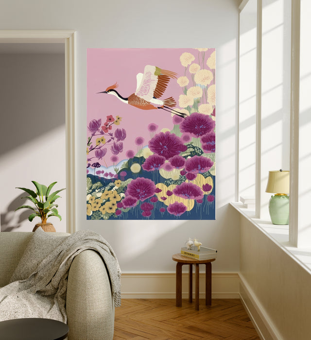 Japanese Lilac Flower Crane Bird Art Print