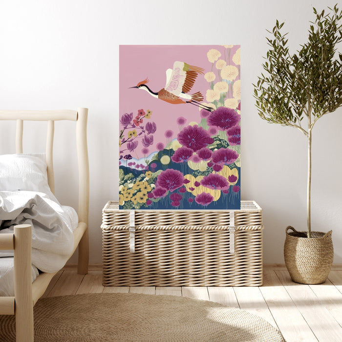 Japanese Lilac Flower Crane Bird Art Print