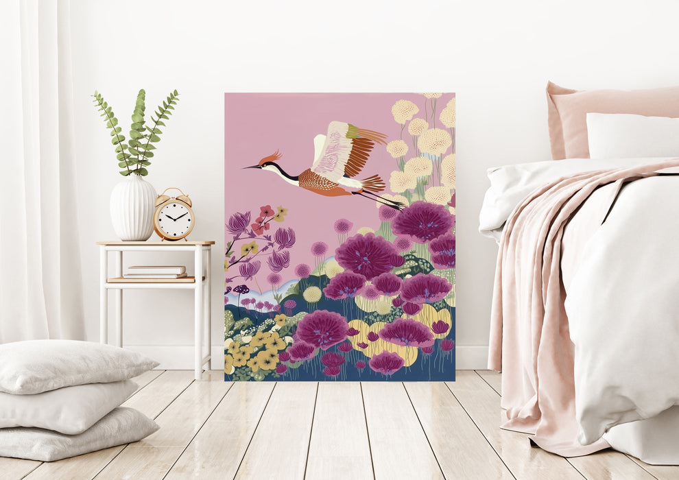 Japanese Lilac Flower Crane Bird Art Print