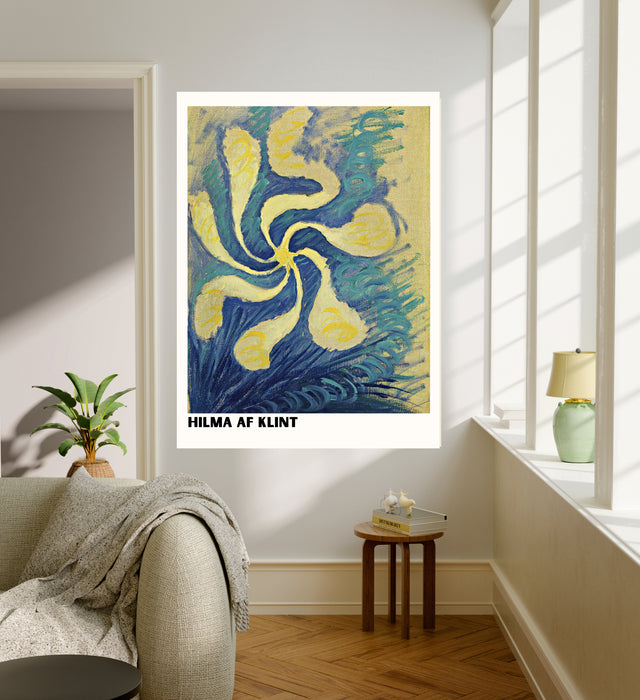 Hilma af Klint Yellow & Blue Abstract Flower Art Print | Swirling Botanical Wall Art