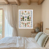 Cottage with periwinkle scalloped roof between cypress trees and two blue doves, folk wall art