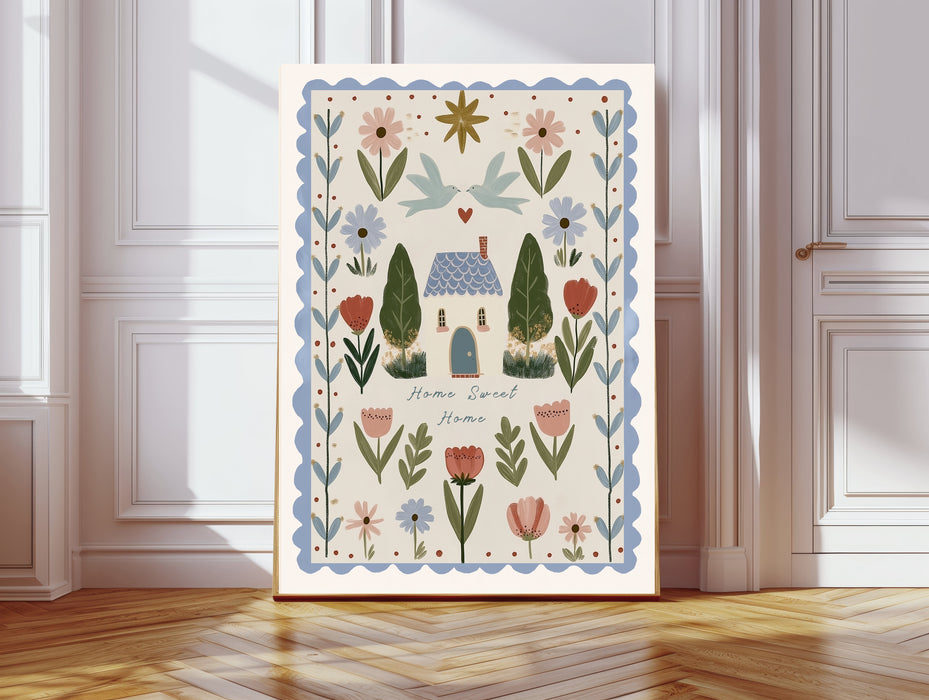Home Sweet Home folk art print with cottage, doves and wildflowers, leaning against a white panelled wall