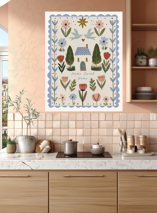 Close up of hand-lettered Home Sweet Home with blush tulips and daisies, giclee print