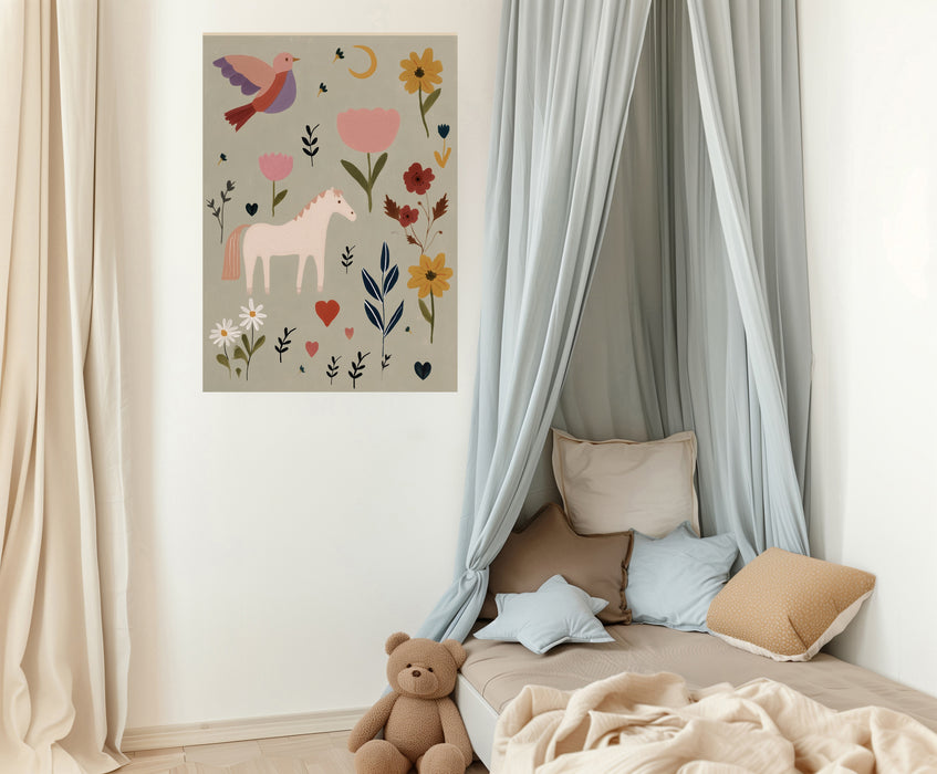 Whimsical Horse & Wildflower Art Print