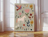 Whimsical grey cat and crescent moon folk art nursery print with wildflowers on sage green background