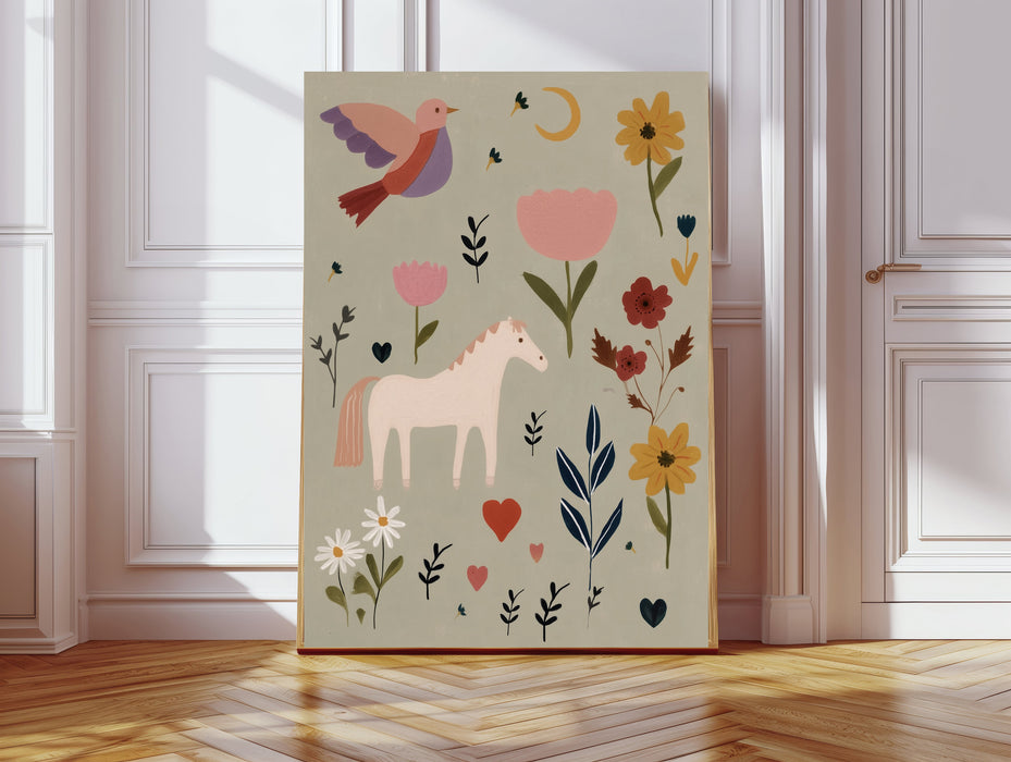 Whimsical grey cat and crescent moon folk art nursery print with wildflowers on sage green background