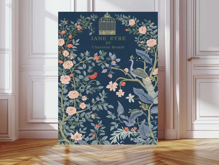 Jane Eyre Charlotte Bronte Book Cover Print | Literary Botanical Wall Art | Peacock Rose Illustration | Giclée Fine Art