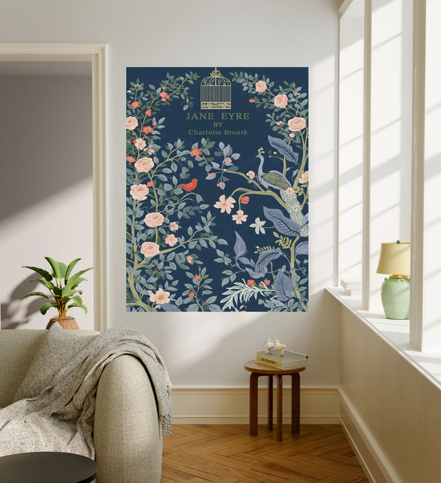 Jane Eyre Charlotte Bronte Book Cover Print | Literary Botanical Wall Art | Peacock Rose Illustration | Giclée Fine Art