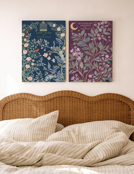 Jane Eyre and Wuthering Heights Print Set of Two | Bronte Sisters Book Cover Art | Literary Botanical Wall Art | Giclée Fine Art