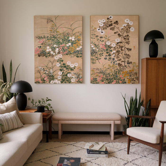 Ogata Korin Autumn Flowers Print Set of Two | Japanese Rinpa Botanical Wall Art | Chrysanthemum Gold Wall Art