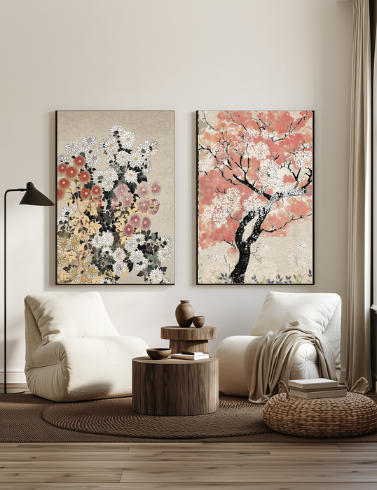 Japanese Chrysanthemum and Cherry Blossom Set of Two Art Prints | Vintage Pink Floral Gallery Wall Set | Japandi Botanical Wall Art