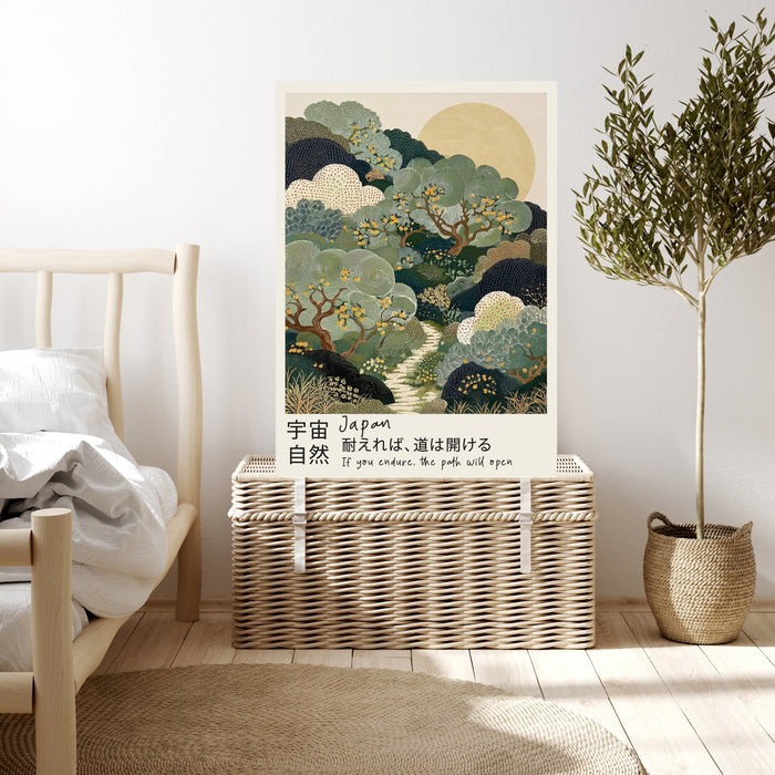 Green Japanese garden art print resting on a wicker chest beside a bed and olive tree in a neutral bedroom