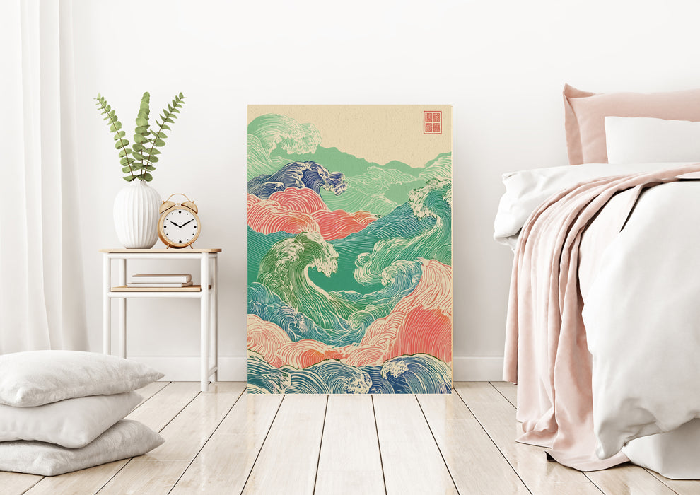 Japanese Peach, Green Vintage Wave Art Print
