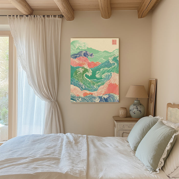 Japanese Peach, Green Vintage Wave Art Print