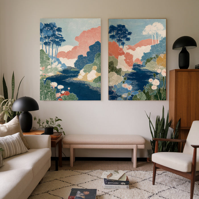 Japanese Mountain Landscape Set Of Two Art Prints