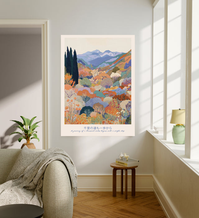 Japanese landscape quote art print hanging in a bright living room above a linen sofa, colourful mountain garden with Japanese proverb