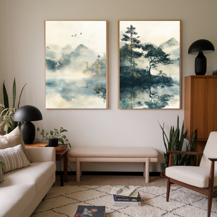 Japanese Light Green Japandi Lake Set Of Two Art Prints