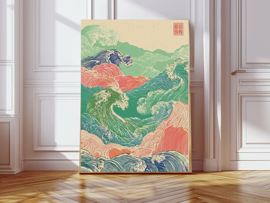Japanese Peach, Green Vintage Wave Art Print