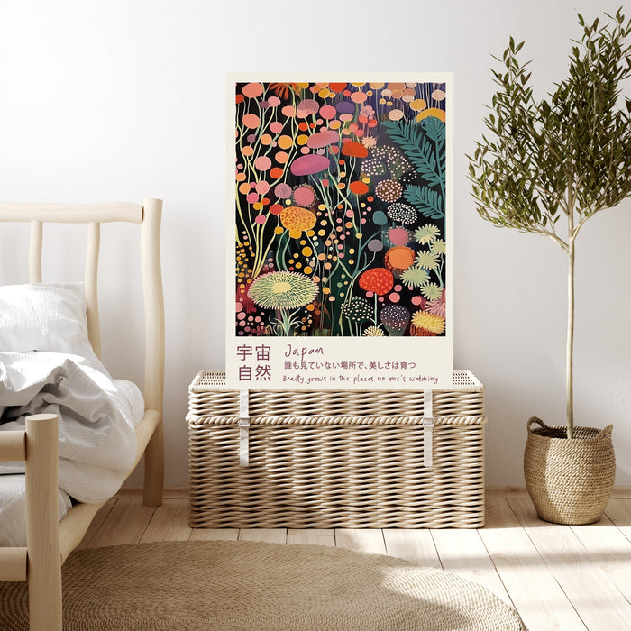 Dark floral Japanese quote art print resting on a wicker chest beside a bed and olive tree in a neutral bedroom