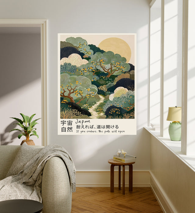 Japanese garden path quote art print hanging in a bright living room above a linen sofa with plant and side table