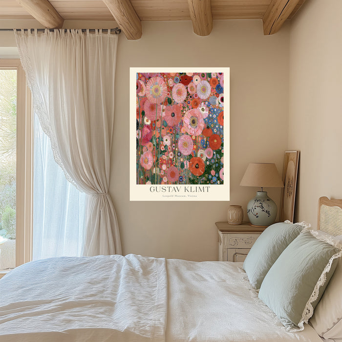Klimt style floral art print with pink pompom flowers and gold spirals displayed in a living room