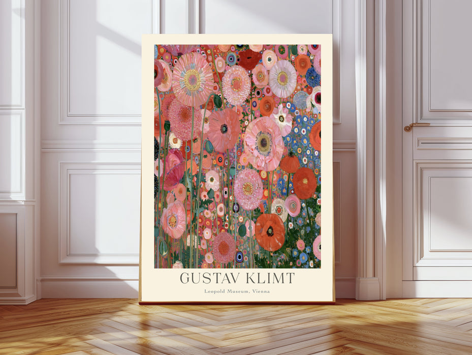 Klimt inspired pink poppy garden art print with coral poppies and blue cornflowers, cream border, leaning against a white panelled wall