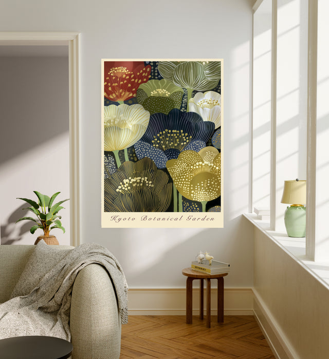 Vintage Kyoto botanical poster hanging in a sunlit living room above a linen sofa with side table and plant