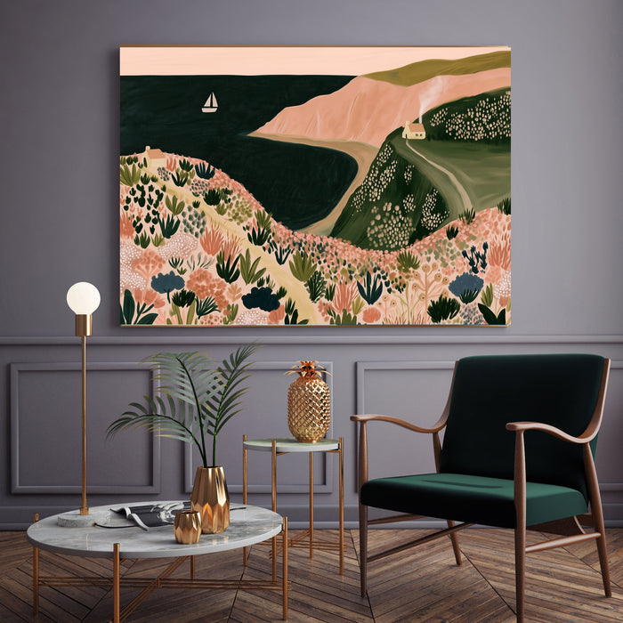 Coastal cottage wildflower landscape print shown in a styled room setting, Stanley Street Studio